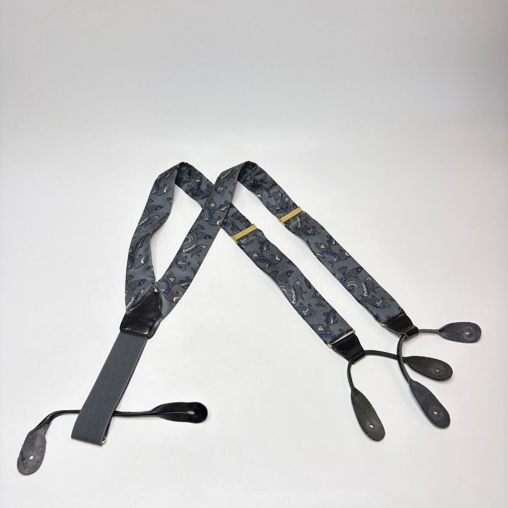PORTFOLIO BY PERRY ELLIS Mens VTG Fish Suspenders Blue Silk And Leather